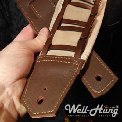 Well-Hung No Prisoners "MonsterMan" 3.5" wide padded leather guitar strap Sand Suede, with walnut image 3