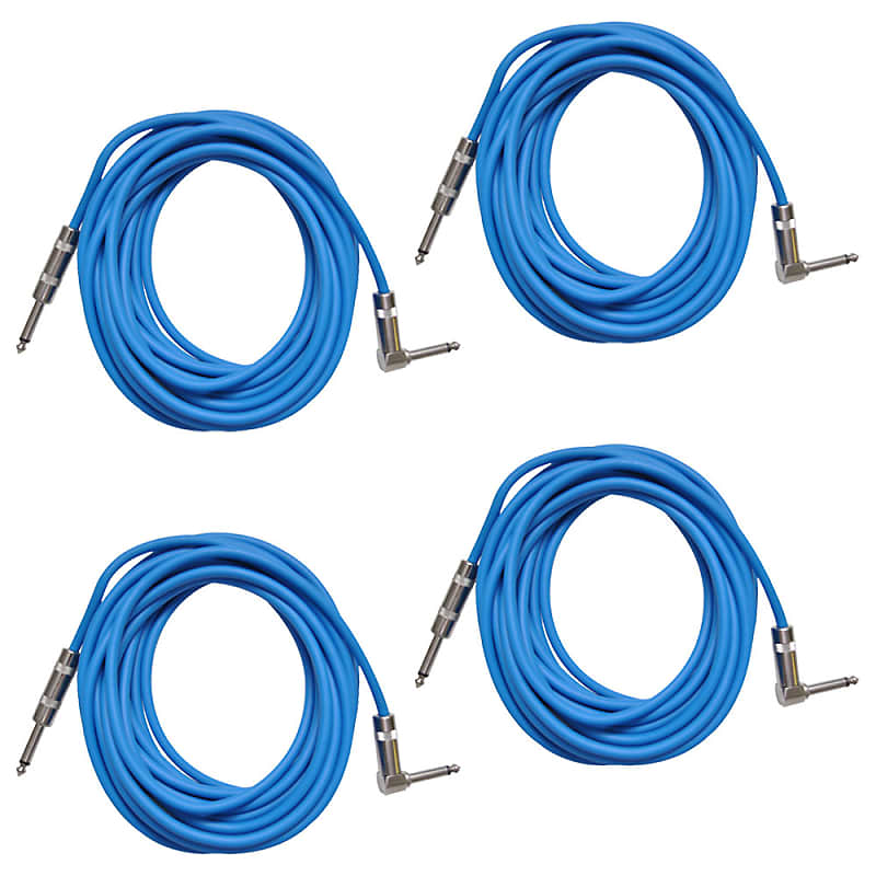 4 Pack of Blue 20 Foot Right Angle to Straight Guitar Instrument Cables image 1