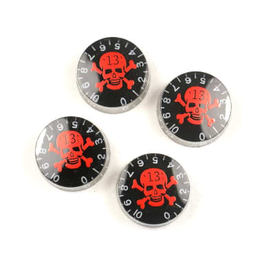 Set of 4 Hatbox Style Electric Guitar Knobs  ,Black /Red Skull Mark