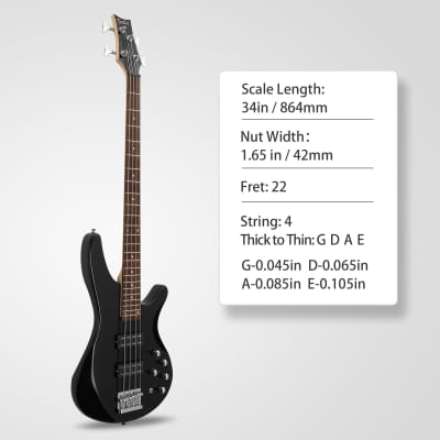 Glarry Black GIB 4 String Bass Guitar Full Size HH Pickup image 3