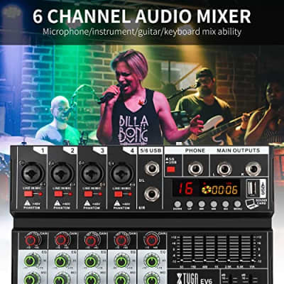 XTUGA EV6 Professional 6 Channel Audio Mixer with 16 DSP Effects,7-band EQ,Independent 48V Phantom PowerBluetooth Function,USB Interface Recording for Studio/DJ Stage/Party/Home Recording image 7
