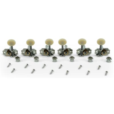 Kluson 3 Per Side Prestige Series Vintage Vertical Mount Open Bronze Gear Tuning Machines Nickel With Parchment Plastic Buttons for sale