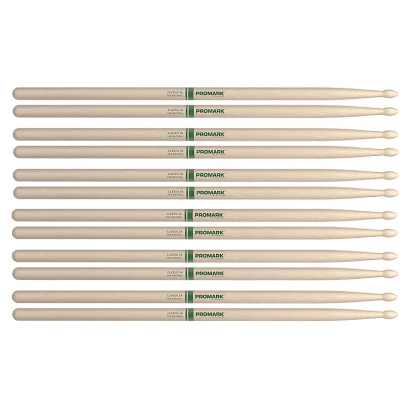 Promark American Hickory 5A Natural Wood Tip Drum Sticks (6 Pair Bundle) image 1