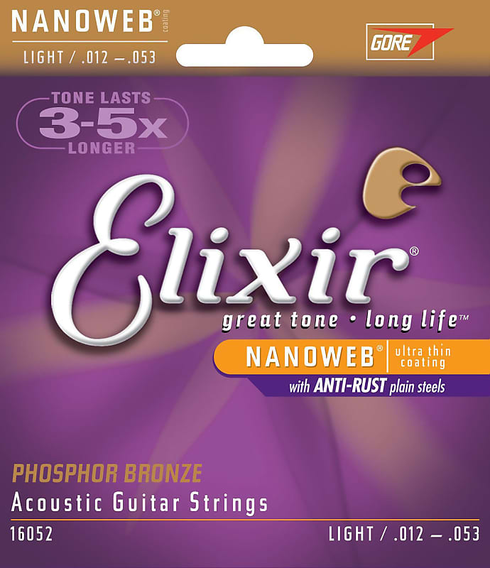Elixir Light Nanoweb .012 - .053 Phosphor Bronze Acoustic Guitar Strings image 1