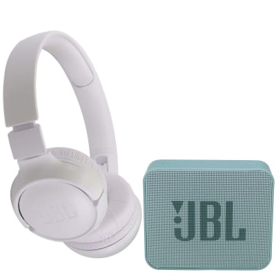 JBL Tune 510BT Wireless On-Ear Headphones (White) + JBL Go 2 Wireless Waterproof Speaker Cyan image 1