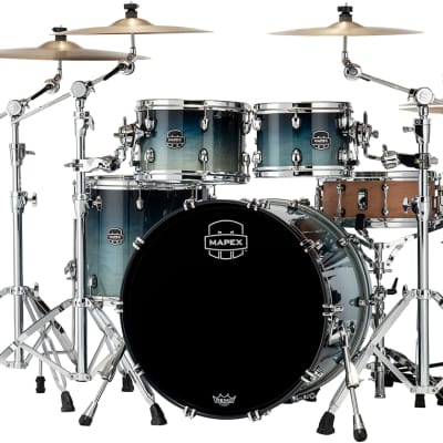 Mapex Saturn Rock 4-Piece 22|16|12|10 Maple and Walnut Hybrid Shell Pack | Teal Blue Fade image 2
