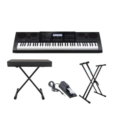 Casio WK-7600 76-Key Workstation Keyboard with Power Supply, and 64 Notes of Polyphony Bundle with Adjustable Double X Keyboard Stand, Sustain Pedal, and Adjustable X-Style Keyboard Bench (4 Items)