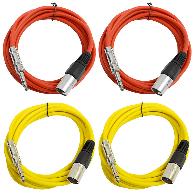 Seismic Audio SATRXL-M10-2RED2YELLOW 1/4" TRS Male to XLR Male Patch Cables - 10' (4-Pack) image 1