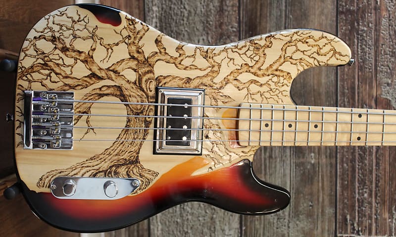 New Custom  4 String Bass  Sunburst/  Pyrography Guitar by Sparka Studios image 1