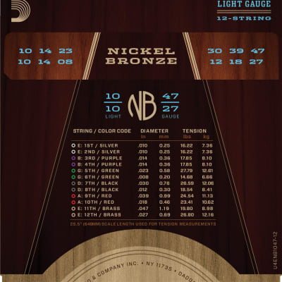 D'Addario NB1047-12 Nickel Bronze Acoustic Guitar Strings, 12-String, Light 10- image 2