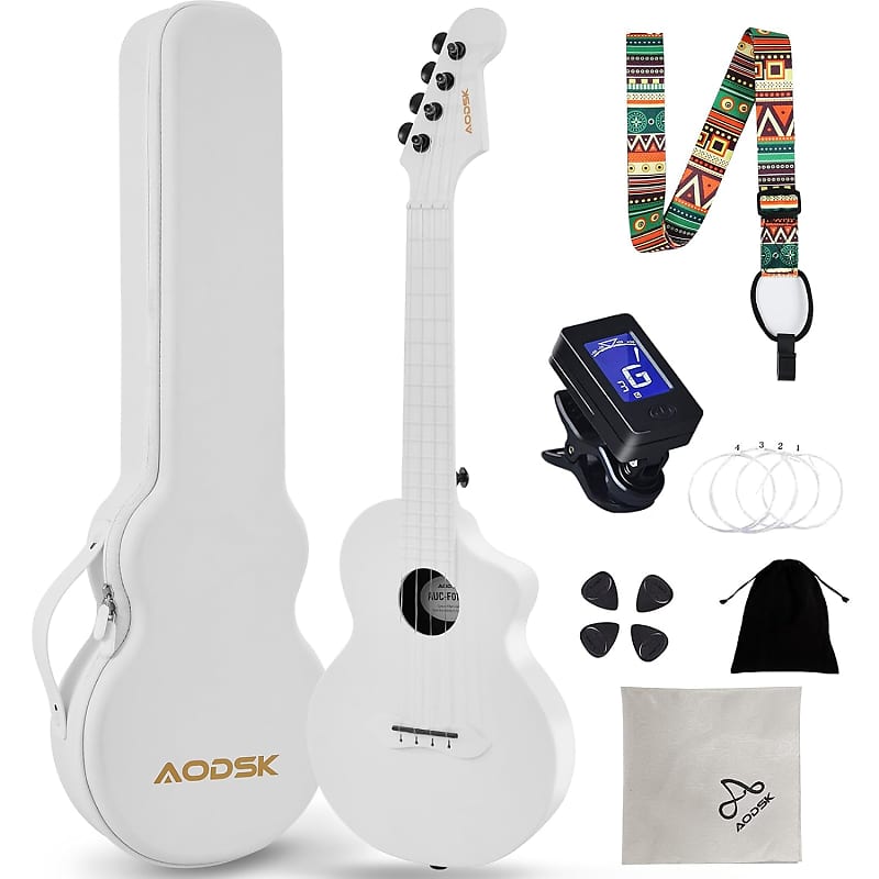 Concert Ukulele For Adult Kids Beginners Kit,23Inch Carbon Fiber Travel  Ukulele With Beginner Kit With Case,Pick,Strap,And Strings-White