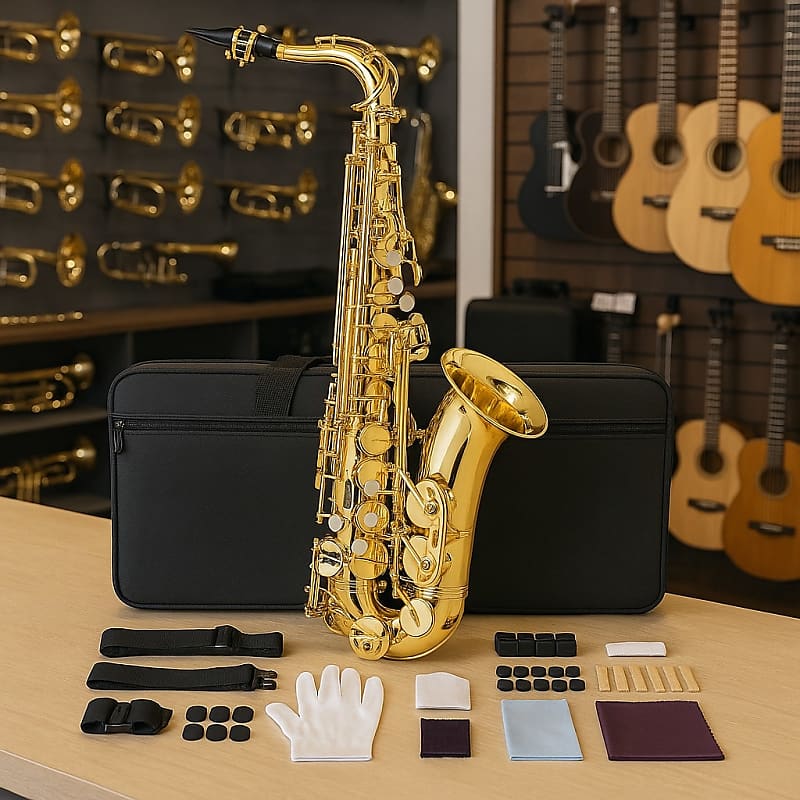 Alto Saxophone Beginner Kit – Brass Body, Smooth Tone, Full Accessory Set, Includes Case, Mouthpiece & Reeds – Ideal for Students and Adults image 1