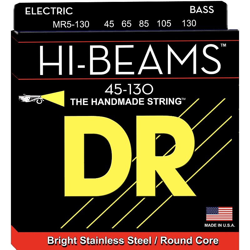 DR Strings MR5-130 Hi-Beams, Bright Stainless Steel / Round Core Bass Strings (5-String Set: 45-130) image 1