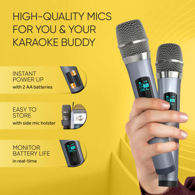 MASINGO 2023 Karaoke Machine for Adults & Kids with 2 UHF Wireless Microphones - Portable Singing PA Speaker System Set w/ Two Bluetooth Mics, Disco Ball Party Lights & TV Cable - Ostinato M7 Wood image 4