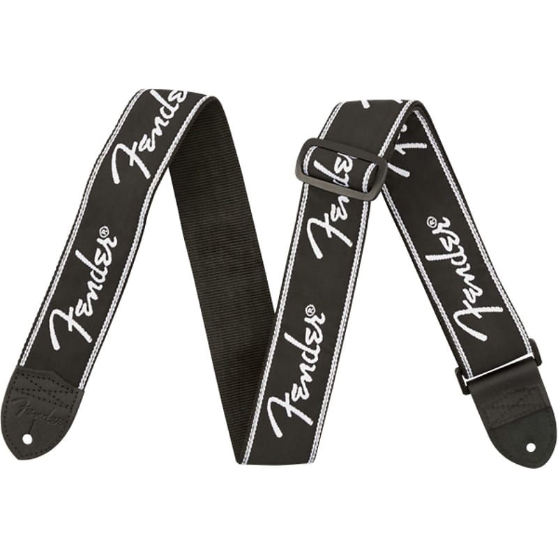 Fender Running Spaghetti Logo Guitar Strap with Leather Ends, Black image 1