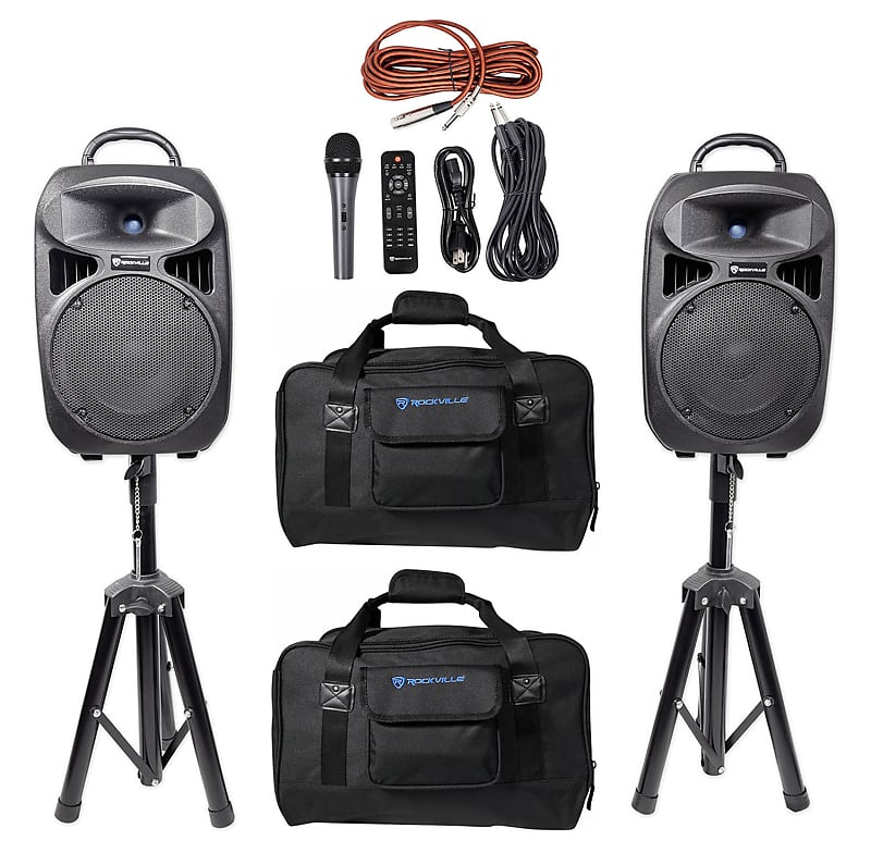 Rockville RPG082K Dual 8" Portable PA System w/Bluetooth+Mic+Stands+Cables+Bags image 1