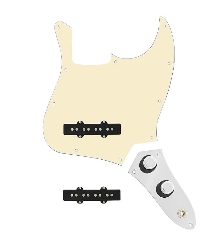 920D Custom Jazz Bass Loaded Pickguard With Drive (Hot) Pickups, Aged White  Pickguard, and JB-CON-CH-BK-T Control Plate