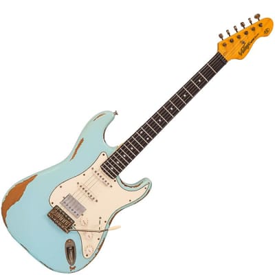 Vintage V6H ICON HSS Electric Guitar Ultra-Gloss Distressed LAGuna Blue image 2