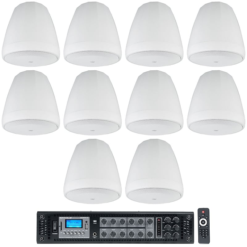 (10) JBL Control 67 P/T 6.5&quot; Commercial 70v White Hanging Pendant Speakers + Amp  			