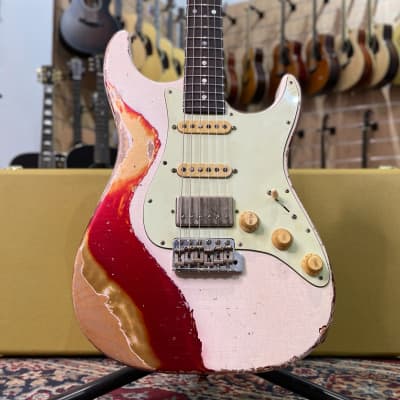 Agostin Custom Guitars Classic S Relic Aged Olympic White Over Candy Apple Red HSS for sale