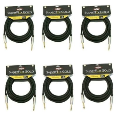 6 SuperFlex GOLD 15' Quality Lay-Flat Instrument Guitar Cables 1/4" to 1/4" image 1