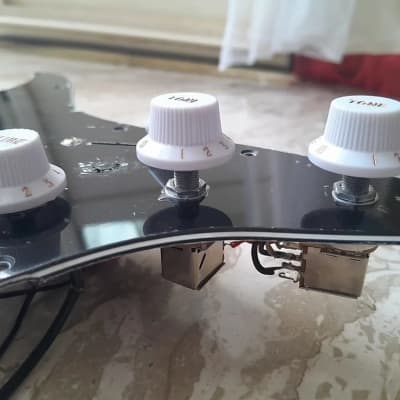 Handmade prewired SSS NEODYMIUM Stacked coils PU's Strat pickguard with HB split on N&B, volume TR BL and mid PU cutoff switch image 4