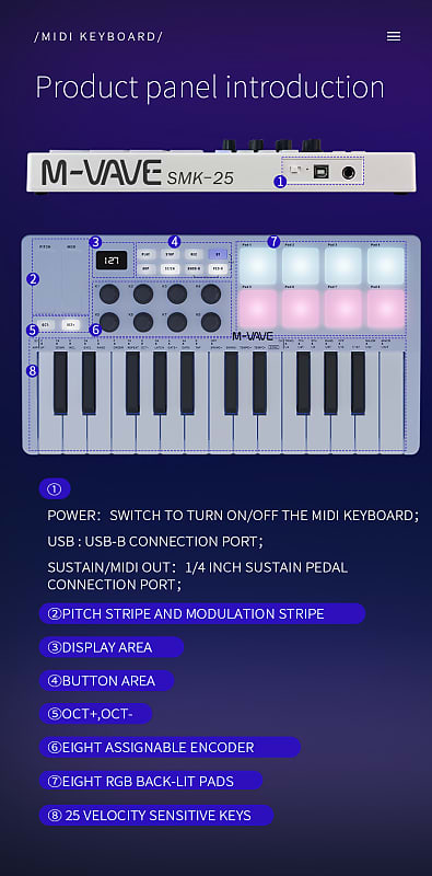 M-VAVE MIDI 25-Key USB MIDI Keyboard Controller 8 Backlit Drum