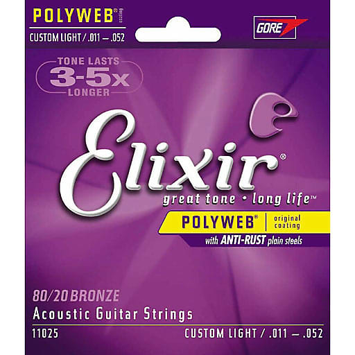 Elixir 11025 80 20 Bronze With Polyweb Coating Custom Light Acoustic Guitar Strings image 1