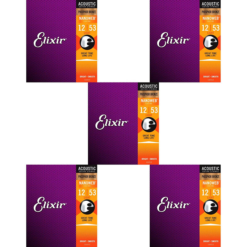 Elixir Strings 16052 Nanoweb Phosphor Bronze Acoustic Guitar Strings .012 .053 Light 5 pack