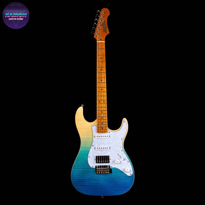 Jet Guitars JS-450 JS450 TBL, HSS Ceramic pickups, solid basswood body with flame maple top, 22 frets roasted maple neck, locking tuners, 2 point tremolo Free Setup image 8