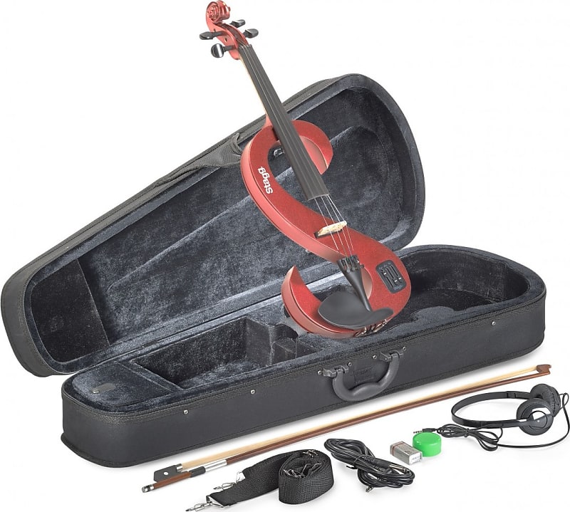 4/4 electric violin set with S-shaped metallic red electric violin, soft case and headphones image 1
