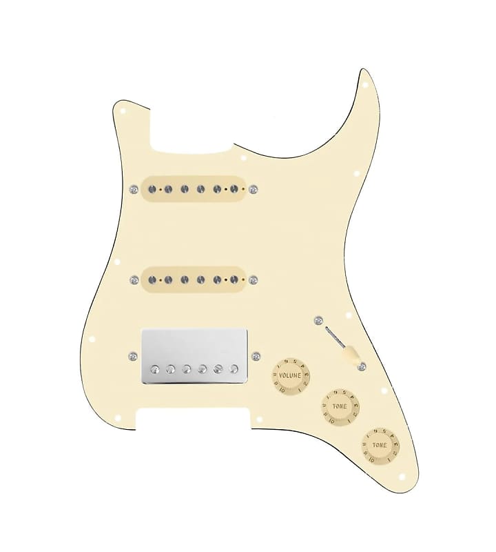 920D Custom HSS Loaded Pickguard For Strat With A Nickel Cool Kids Humbucker, Aged White Texas Grit Pickups, Black Knobs, and Aged White Pickguard image 1