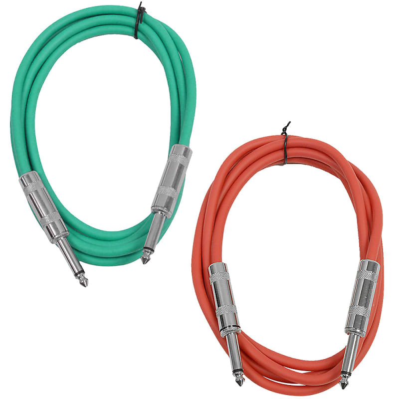 2 Pack of 6 Foot 1/4" TS Patch Cables 6' Extension Cords Jumper - Green & Red image 1