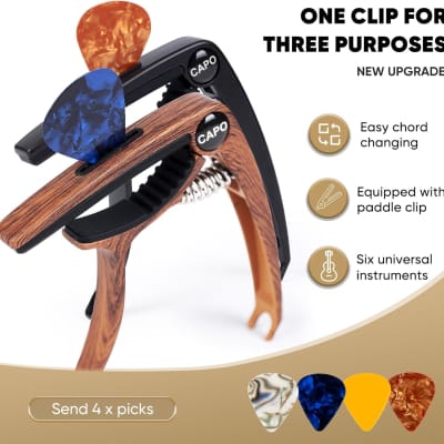 Guitar Capo, 3in1 Zinc Metal Capo for Acoustic and Electric Guitars (with Pick Holder and 4Picks),Ukulele,Mandolin,Banjo,Guitar Accessories (Rosewood+Black) image 2