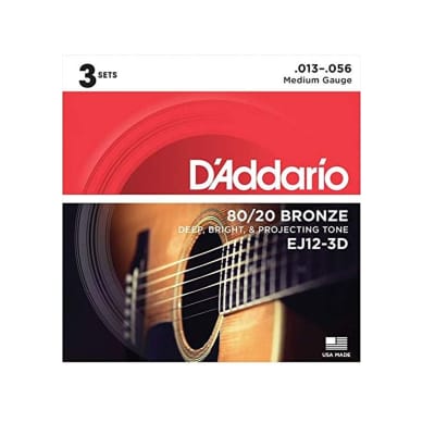 D'Addario EJ12-3D 80/12 Bronze Acoustic Guitar Strings, Medium, 13-56, 3 Sets