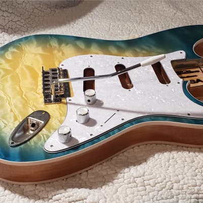 Stunning USA made,Double bound Alder body in Coral reef blue with 5A quilt maple top.Made for a Strat body# CRBS-1. Free pick guard while supplies last. image 9