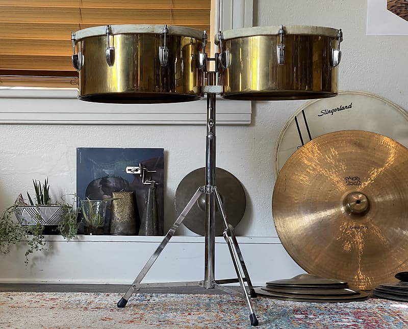 1960 Ludwig PreSerial 13" & 14" Brass Timbales With Stand Reverb