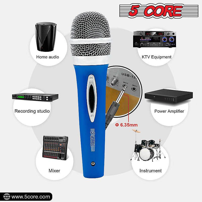 5 Core Karaoke Microphone Dynamic Vocal Cardioid Unidirectional Mic w ON/  OFF Switch XLR Cord PM 286 WH 