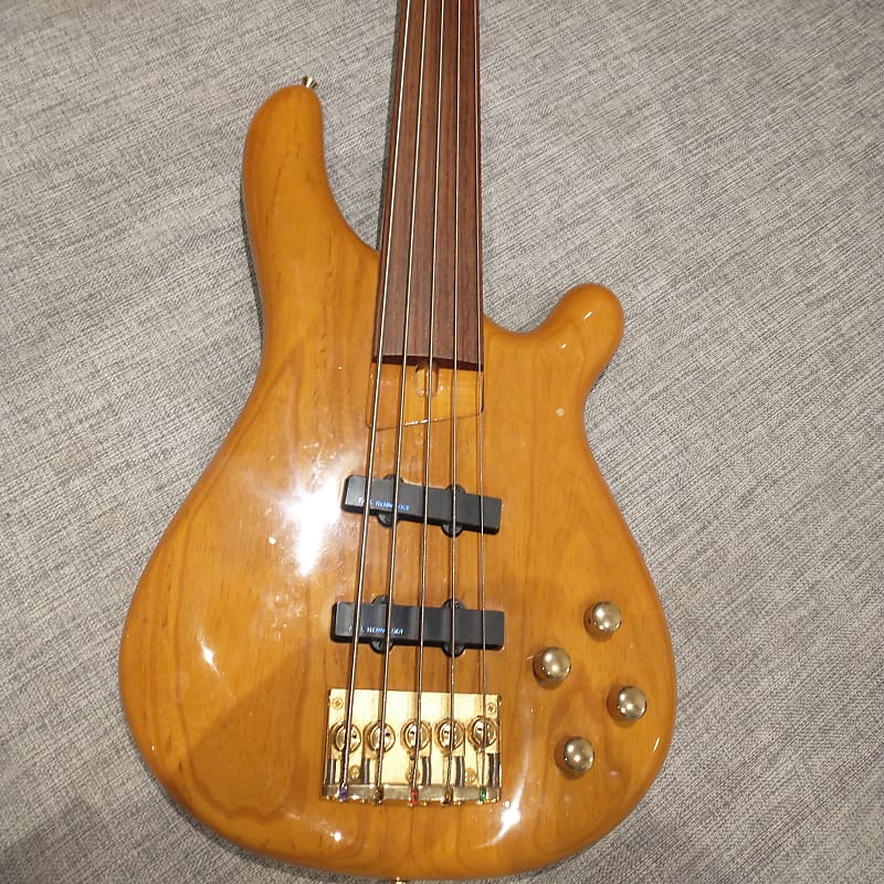 Fernandes APB-100 five string fretless bass, 1990s - orange image 1