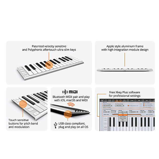 Xkey Air 25 Bluetooth MIDI keyboard controller - Ultra low latency,  Apple-style ultra-thin aluminum frame, 25 full-size velocity-sensitive  keys, 