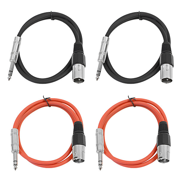 Seismic Audio SATRXL-M3-2BLACK2RED 1/4" TRS Male to XLR Male Patch Cables - 3' (4-Pack) image 1