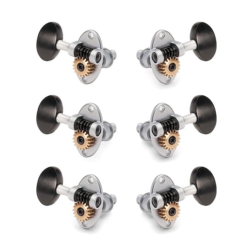 Schertler Guitar Tuning Keys for 3+3 Solid Pegheads - Ebony Knobs, Satin chrome with ebony image 1