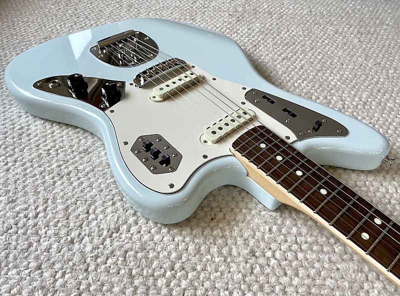 Fender Japan FSR Jaguar - Sonic Blue, matching headstock, bound neck