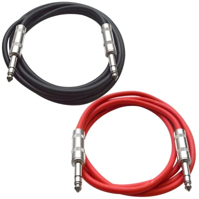 2 Pack of 1/4" TRS Patch Cables 2 Foot Extension Cords Jumper Black and Red image 1