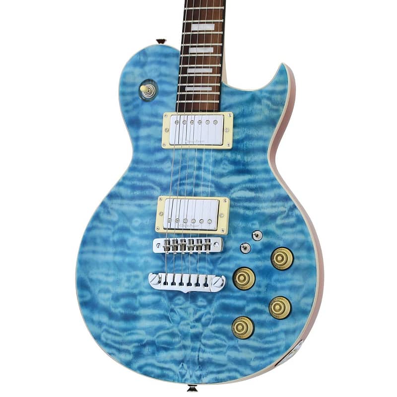 Aria Pro II PE-480 Quilted Maple Top Electric Guitar, See Thru Emerald Blue