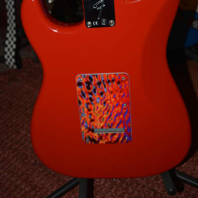 A firery Fender Player Stratocaster in Red w/New Flame Pickguard, New Dunlop Straploks, New Case, & New Set-Up! image 12