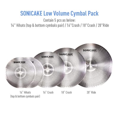 SONICAKE Low Volume Cymbal Pack Quiet Cymbal Set 14'hi-hat+16"crash+18'crash+20"ride 5 Pcs Drum Cymbal Set Practice Cymbal，Sliver(U.S. domestic inventory) image 2
