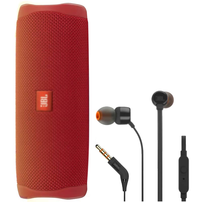 JBL FLIP 5 Waterproof Portable Bluetooth Speaker - Red + JBL T110 in Ear Headphones image 1
