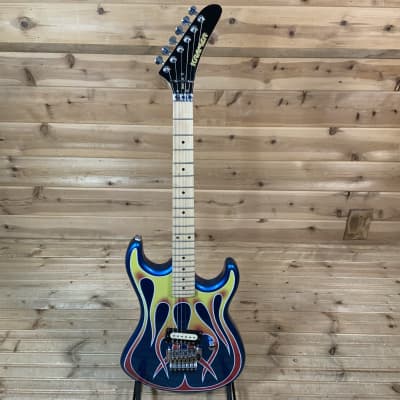 Kramer Baretta Custom Graphics “Hot Rod” Electric Guitar - Blue Sparkle with Flames image 2
