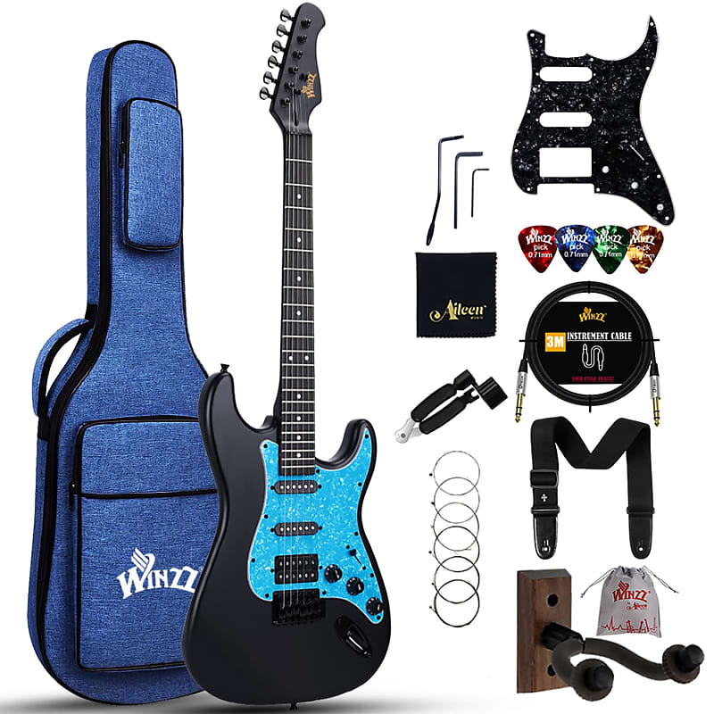 Adult Electric Guitar 4/4 Full Size, Hss Pickup, Guitar Electric St For Beginners Starter Pack With 12 Accessories, Ideal Kids Electric Guitar Kit 12+ Years (39" Matte Black, Blue Pickguard) image 1